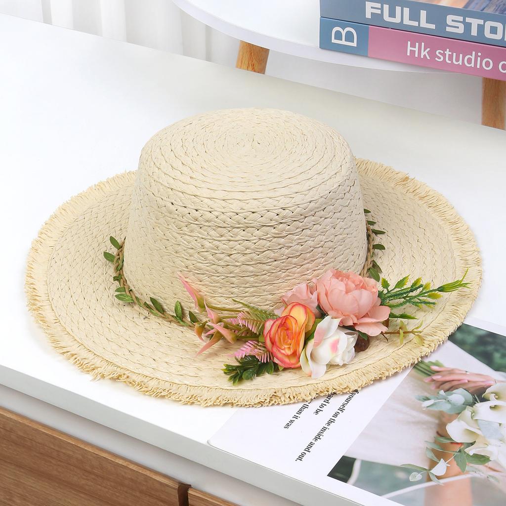 Ladies Straw Hat Flower Sun Hat Burr Elegant Travel Beach Hat Hand Knitted