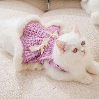 Xiaoxiangfeng Schleife Katze Kleidung Noppen Lochmuster Pullover Herbst Welpen Hund Kleid warme Haustierkleidung