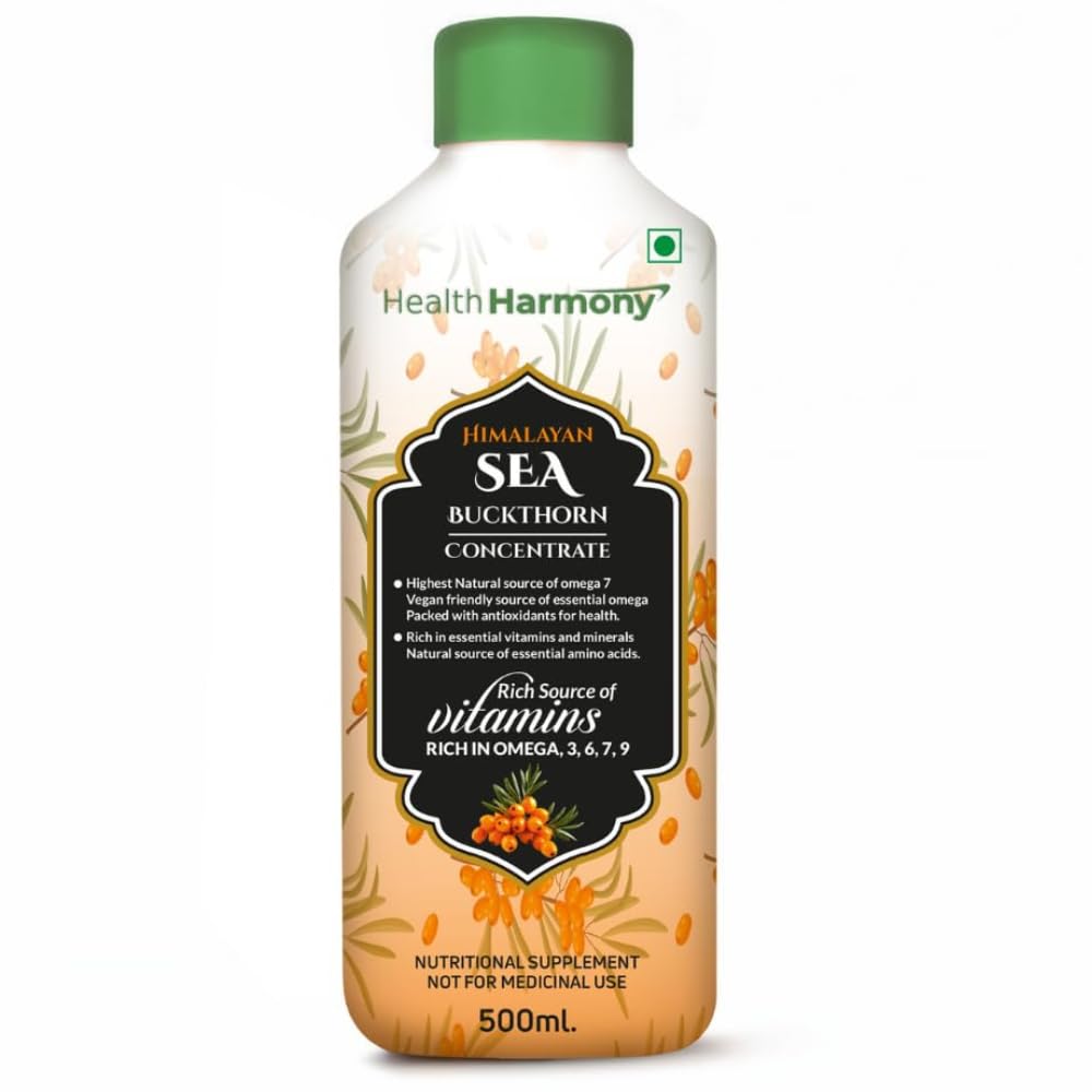 

Health Harmony Pure Sea Buckthorn Juice Concentrate | Supports Heart, Skin & Immunity | High in Omega-3,6,7,9 & Vitamin C | 500ml | Natural, No A