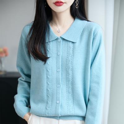 Verdickte Strickjacke mit POLO-Kragen, Langärmlig, Herbst- und Winter-Neuer Stil, Lockeres Oberteil in Uni-Farbe, Damenpullover