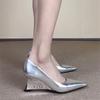 New Pointed Toe Wedge Silver Women Pumps Slip On Strange Style Heel Shallow Shoes Office Casual Women Shoes Silver Leather 6.5Cm
