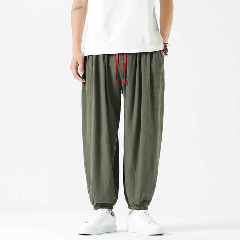 Spring Summer Men's Hemp Pants Loose Drawstring Lantern Pants Haren Pants Japanese Casual Pants