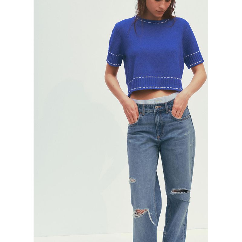 Summer Women's Clothing Contrast Color Thread Decoration Easiest for Match Minimalist Fashion Short Sleeve round Neck Knitwear 3920337