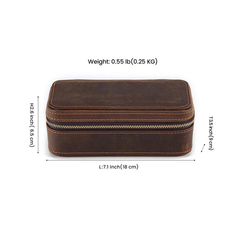 Vintage Crazy Horse Leather Watch Box: Genuine Leather Rectangular Travel Zipper Case for Single Watch Storage