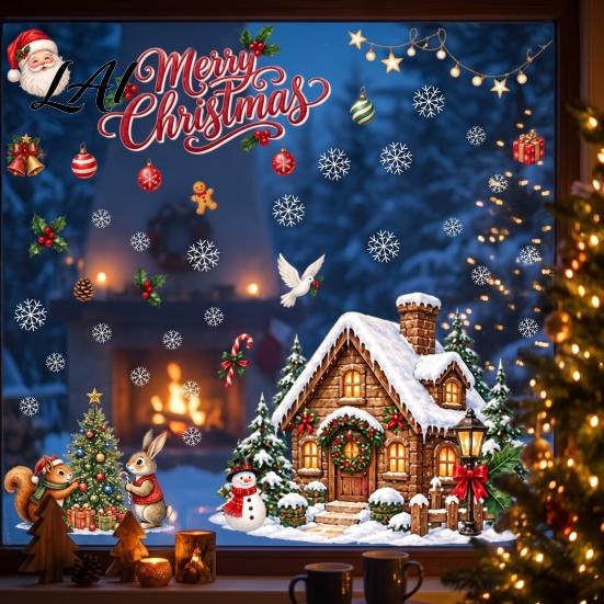 Creative Christmas Window Gifts Clings Snowy Tree Squirrel Xmas Village House Rabbit Seasonal Glass Surface Stickers Sticker Double-Sided