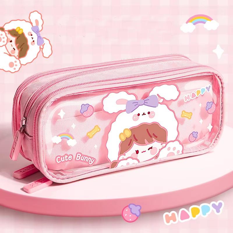 Super Large Capacity Cute Cartoon Canvas Pencil Case High Color Value Primary School Stationery Bag Transparent Plastic Material