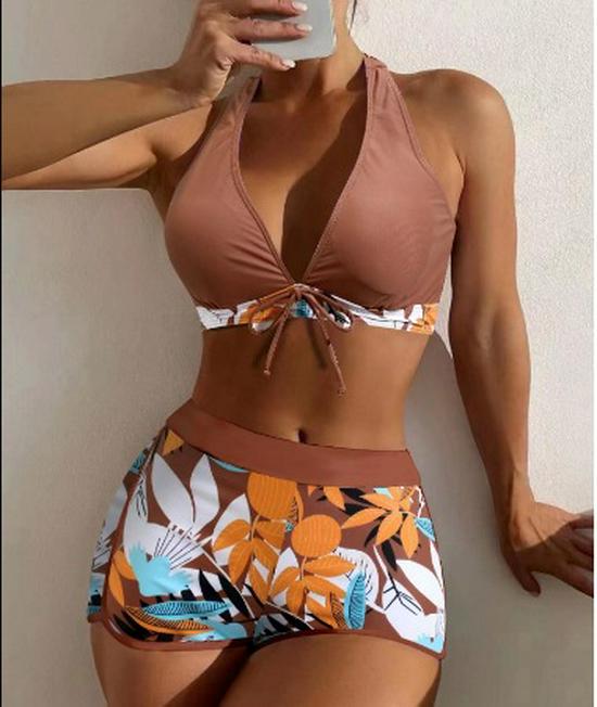 European & American Print Backless Bikini Swimsuit