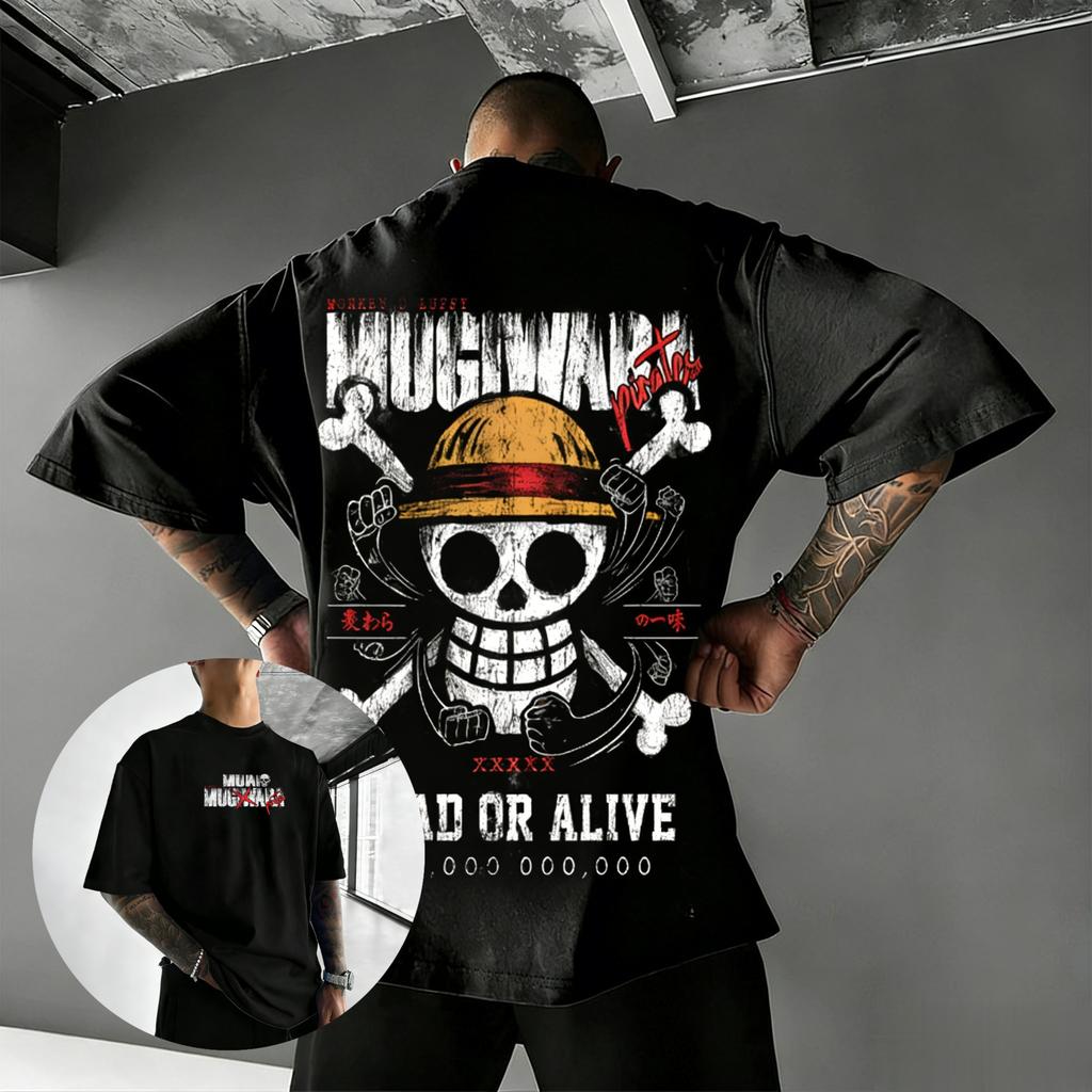 One Piece TShirt Men Summer Mugiwara Straw Hat Pirates Wanted Skull Graphic Short Sleeve Streetwear Loose Fit Anime Fan Top
