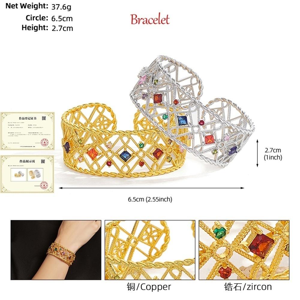 Women's Colored Diamond Copper Bracelet with Inlaid Zircon Flower Texture Bangle for Party Jewelry Gifts