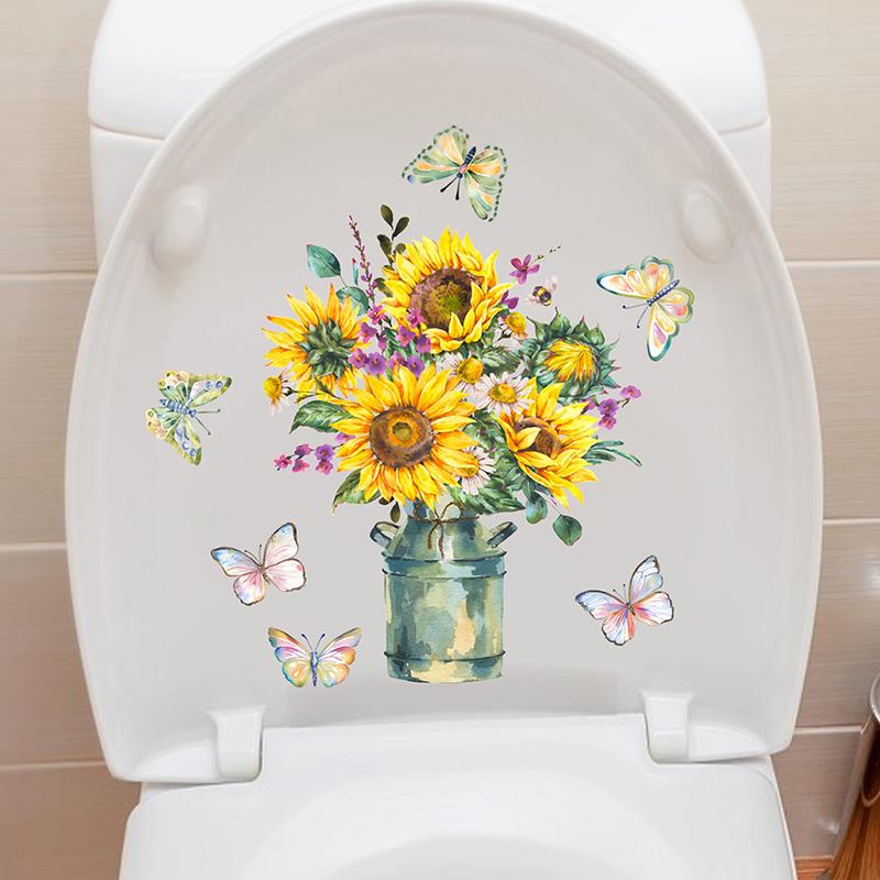 Sunflower Vase Wall Stickers Toilet Bathroom Decor Living Room Cabinet Home Decoration Beautiful Flowers Self-Adhesive Wallpaper