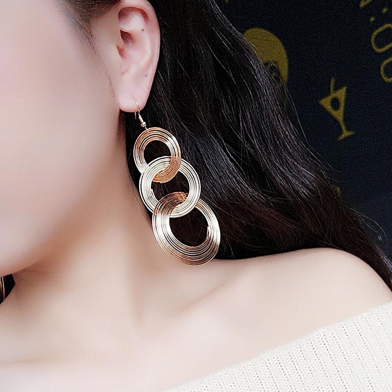 Punk Gold Colour Big Geometric 3 Circle Metal Long Dangle Earrings For Women Bohemian Party Exaggerated Fashion Jewelry