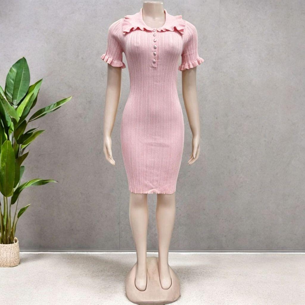 Vintage French Style Knit Dress With Puff Sleeves For Summer Casual Wear