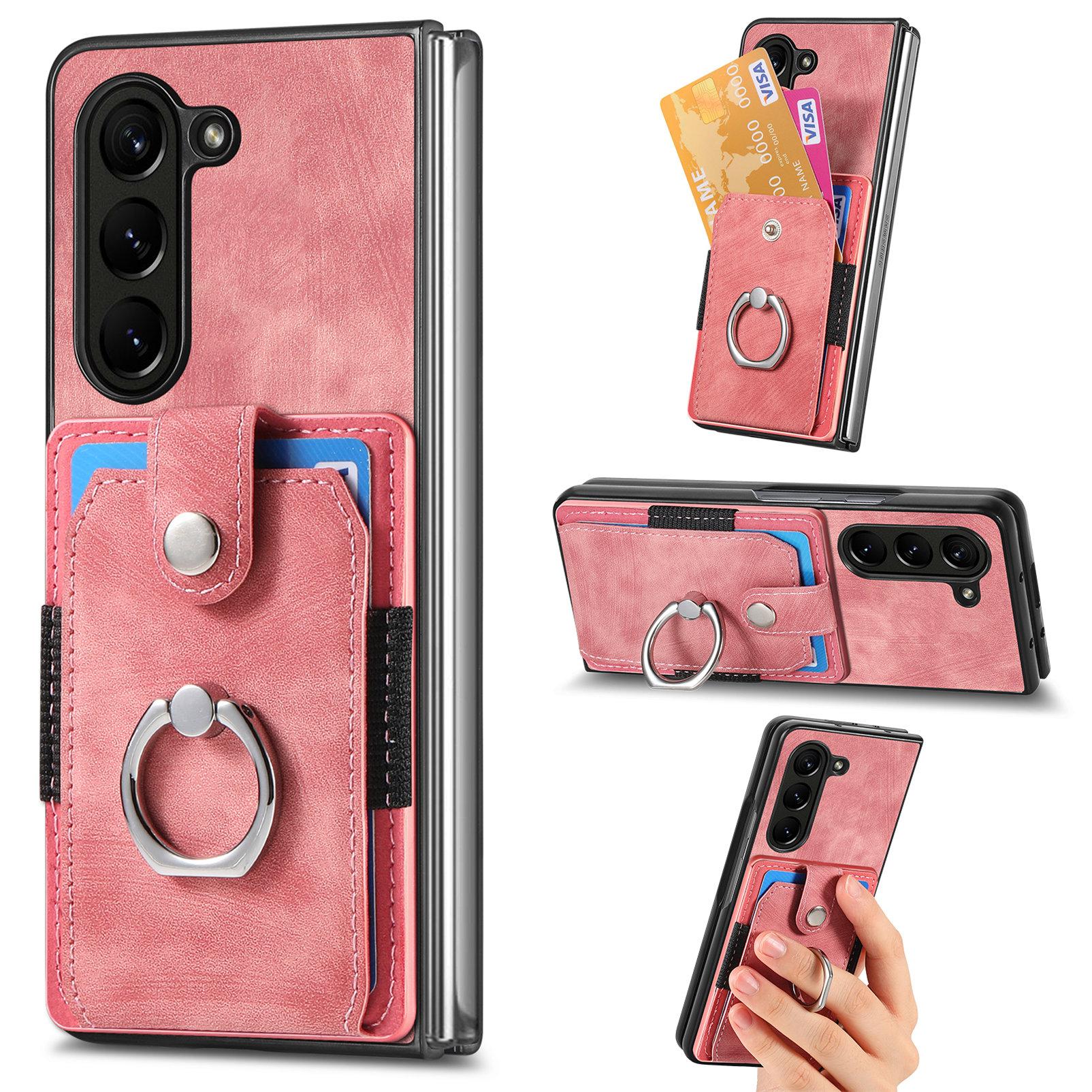 

D2 For Samsung Galaxy Z Fold6 5G Case Card Slot Ring Kickstand Leather+PC Phone Cover Pink