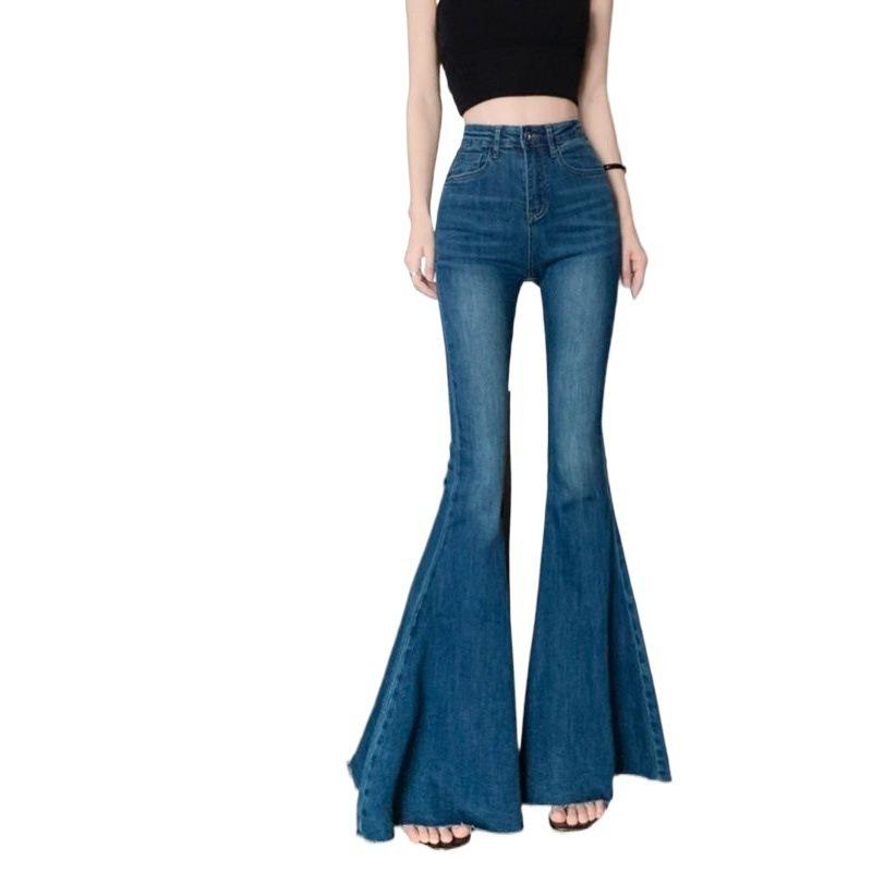Women s High Waist Flared Pants Regular Fit Japanese Korean Casual Solid Color Vintage Raw Hem Slimming American Retro Bell Bottom Denim Trousers S