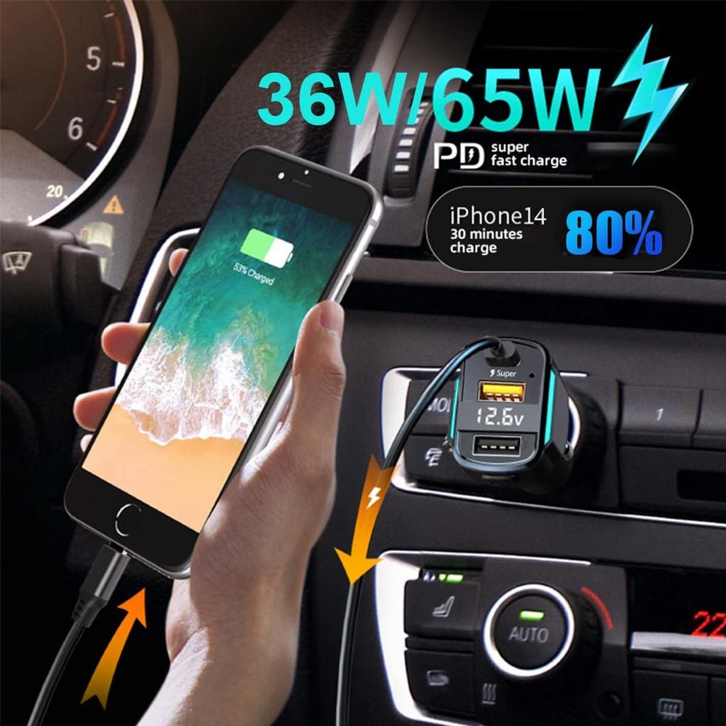 80W USB C Car Charger Cigarette Lighter and USB C Adapter, 3 Ports PD3.0 & QC3.0 Fast Car Charger Super Fast Charging with LED Voltmeter Car Device