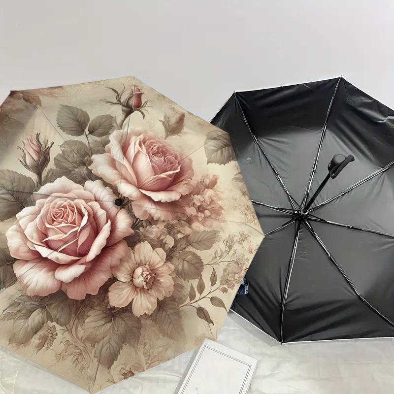 1PC Rose Floral Umbrella-8-Rib Reinforced, Automatic Open, Lightweight & Durable, Cute Fashion Accessory for Outdoor, Beach, or Casual Use, Beach Umbr