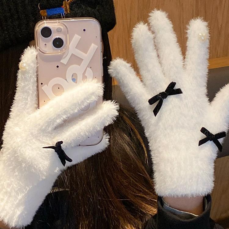 Niedliche weiße gestrickte Plüschhandschuhe für Damen im Winter, verdickt und mit Fleece gefüttert, warm, kältefest und winddicht zum Radfahren