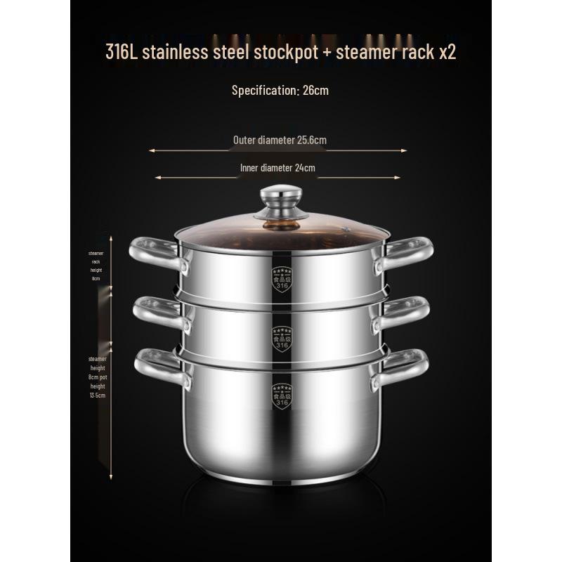 2025 Three-Layer 316 Stainless Steel Steamer & Soup Pot for Induction & Gas Stoves