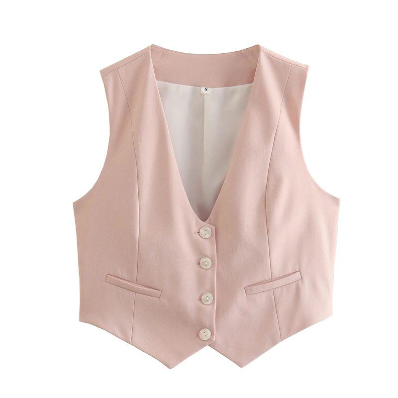 Spring and Summer New Women's Clothing Minimalist Style V Neck Sleeveless Decorated Row Button Short Candy Color Vest Jacket 2347888