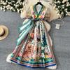 Elegant Retro Print Flower Long Dresses Women Summer Autumn Holiday Palace Style National Trench Belt V Neck Party Dress