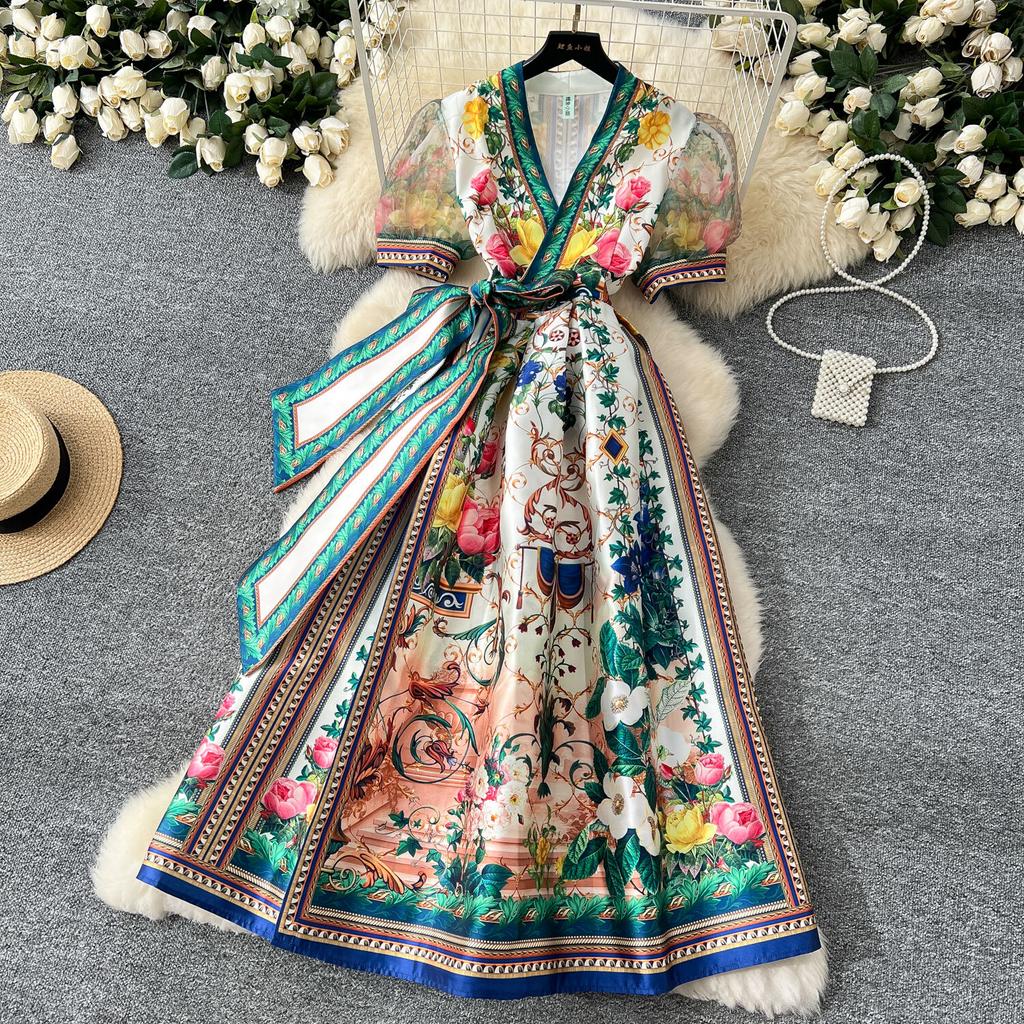 Elegant Retro Print Flower Long Dresses Women Summer Autumn Holiday Palace Style National Trench Belt V Neck Party Dress