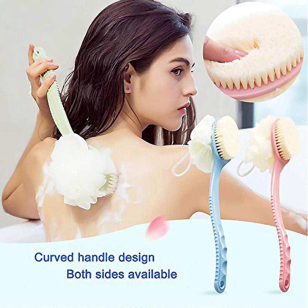 Shower Body Brush with Bristles and Loofah 2 Pack, Back Scrubber Bath Mesh Sponge with Curved Long Handle for Skin