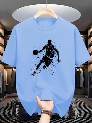 Geometric Pattern Men's Basketball Print T-Shirt - Knit  Fabric,  Comfortable Athletic Streetwear Top for Outdoor Summer Wear