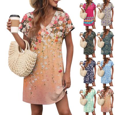 Dames Casual Mode Sexy V-hals Korte Mouwen Zak Kleurverloop Jurk