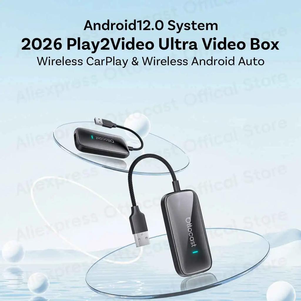 OTTOCAST 2026 Play2Video Ultra Wireless CarPlay Android Auto Adapter for Netflix Youtuber Wifi for Chevrolet Ford VW Toyota Benz