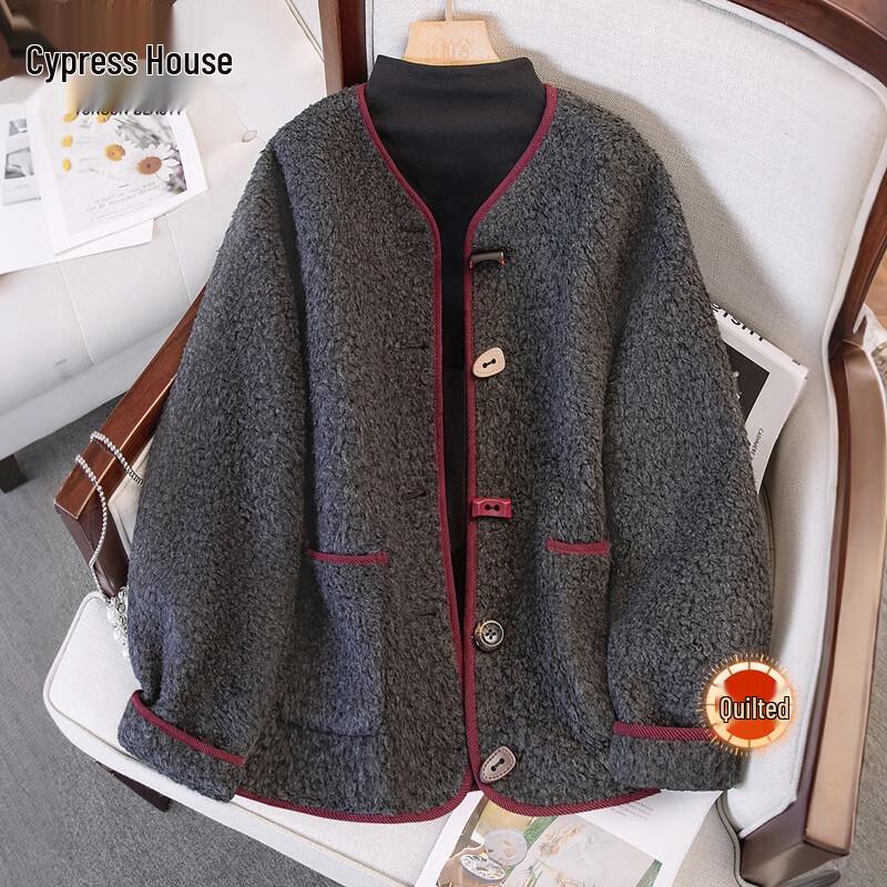 

Women s Retro Round Neck Color-Block Padded Jacket L