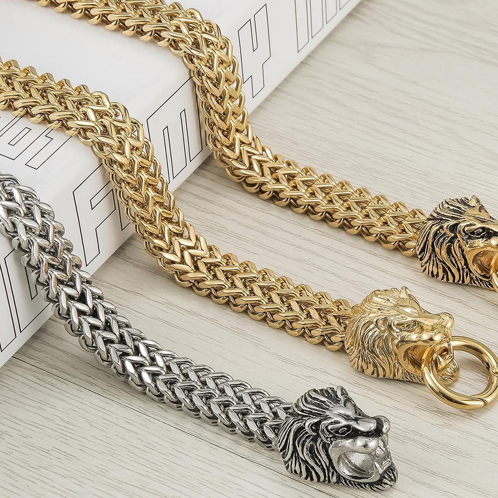 Cool Lion Head Bracelet for Men Figaro Link Chain Mens Cuff Bracelets Heavy Solid Stainless Steel Male Jewelry Bangles