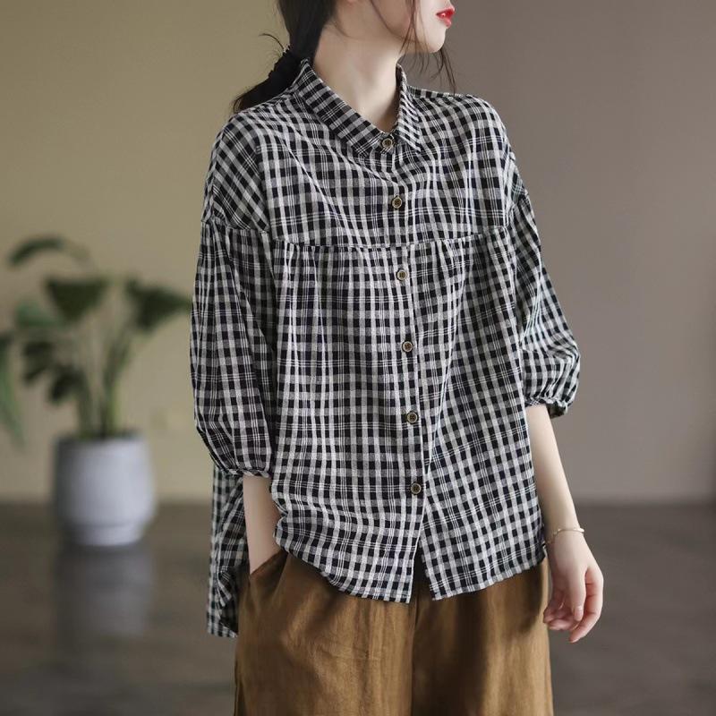 Autumn Japan and South Korea Loose Retro Cotton and Linen Large Size Casual Plaid Shirt