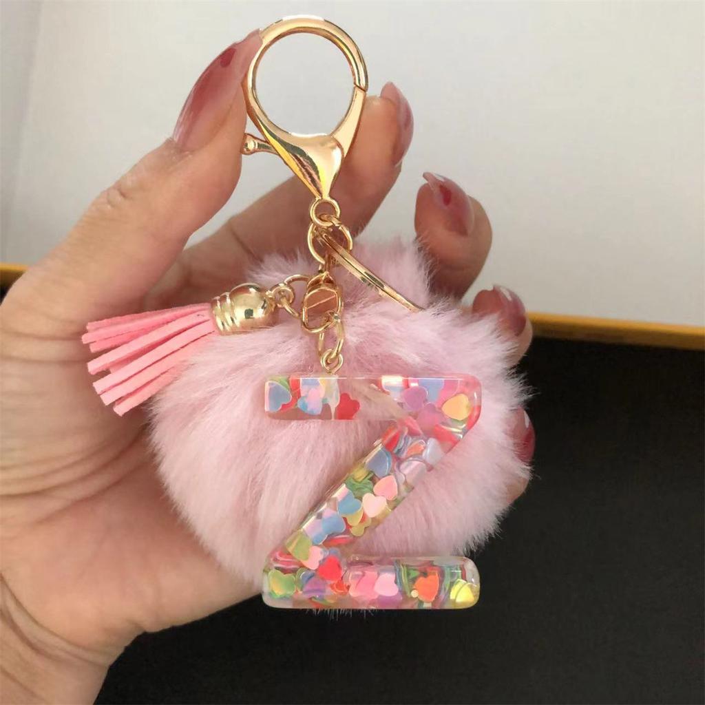Trend Acrylic Pink Pompom Glitter 26 Initials Letter Keychain With Fluffy Resin Alphabet Charms Key Pendant Party Gift