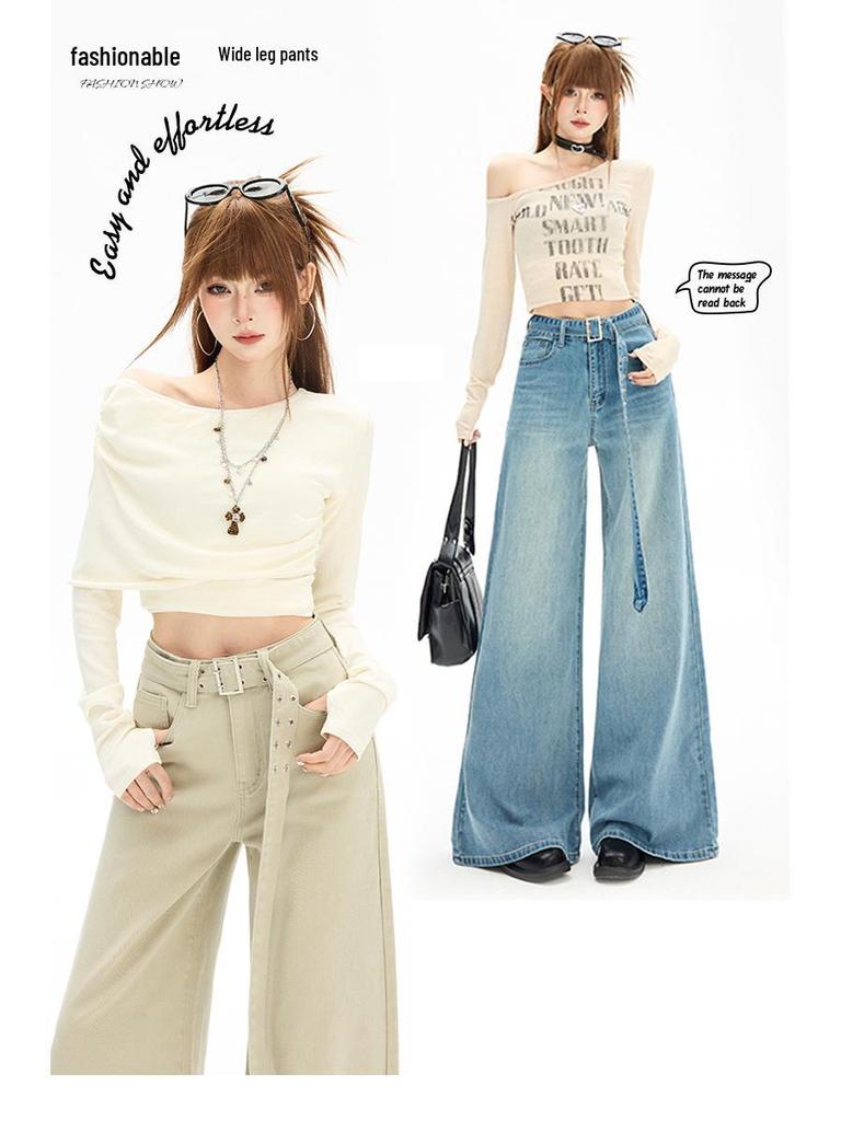 Women's High-Waisted Retro Wide-Leg Jeans, Spring/Autumn Style, Elastic, Loose Fit