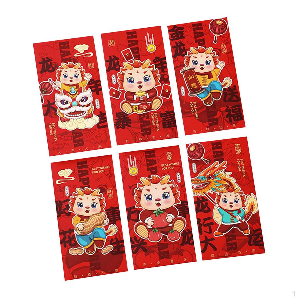 6 Year Red Envelopes, Packets, Dragon Hongbao Hong Bao Gifts, Money Holder for Spring