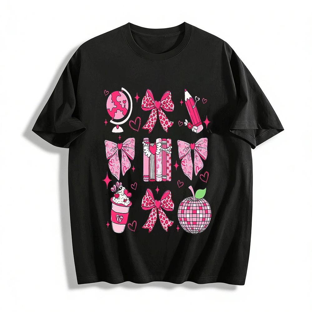 Sweet School Style Heart Bow Print Casual Top Pure cotton T-shirt XXS