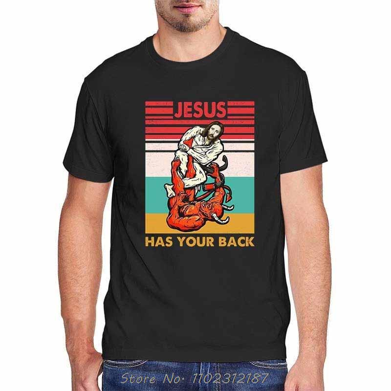Men Jesus Has Your Back Jiu Jitsu Vintage Christian T-shirt Cotton Tops Kawaii Oversized T Shirt Harajuku Oversize Streetwear