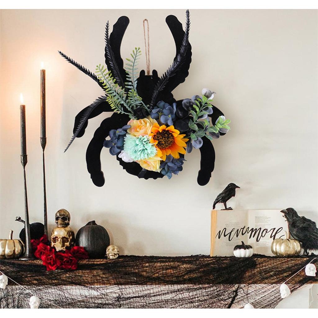 3D Spider Wooden Plaque Door Hanging Flower Wreath, Plaque Door Hanging Festive Atmosphere Decorative Vine Circle Wall Hanging