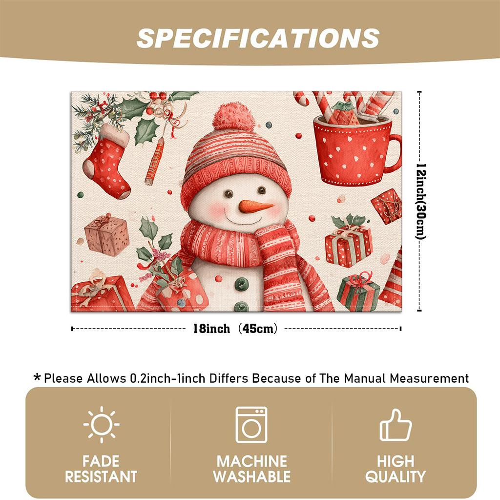 4/6pcs Christmas Themed Placemats, Featuring Snowman, Christmas Stocking, Gift Box, Candy Cane, Hot Cocoa Mug, and Holly Leaf Designs, Ideal for Holid