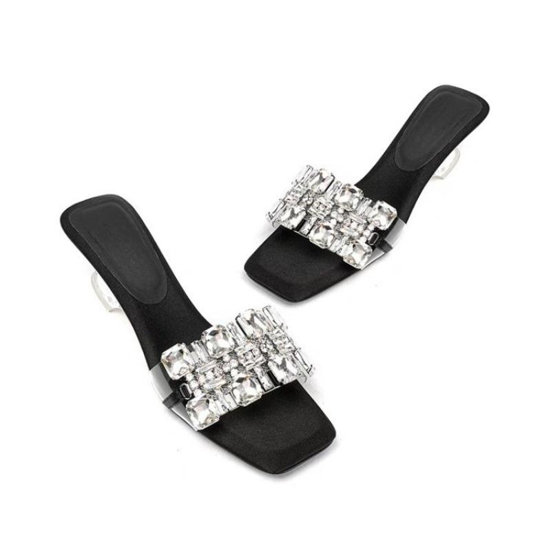 

New Style Temperament Square-toe Rhinestone Outer Slippers Women s Summer Crystal Heel Special-shaped Heel Cool Mop 39 чорний