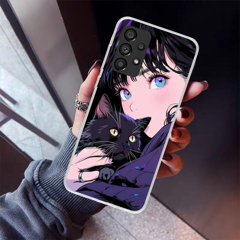Anime Girls Cute Black Cat Phone Case For Samsung Galaxy A17 A57 A37 A16 A26 A36 A56 A15 A25 A35 A55 A14 A13 A54 A53 A34 A24 A33