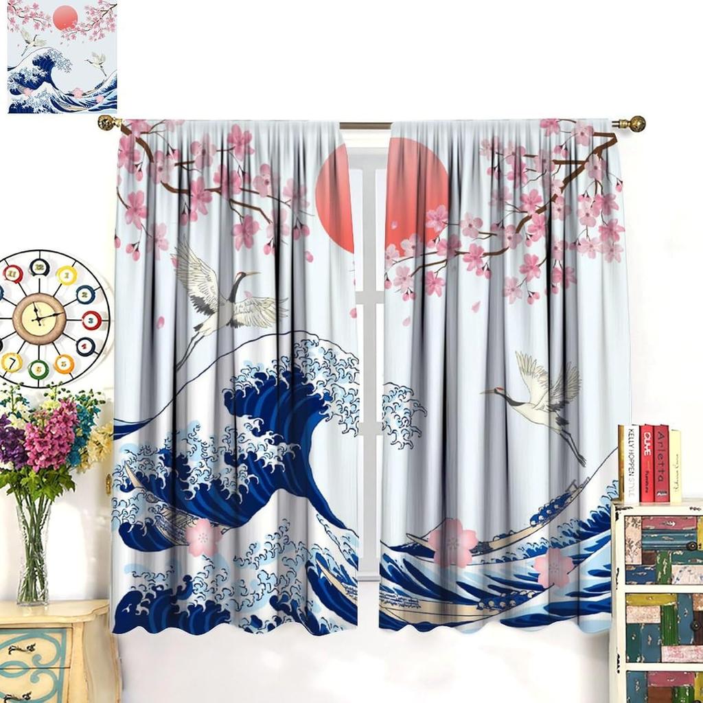 Japanese Style Blackout Curtain,Sea Wave Cherry Blossom Crane Ocean Bird Themed Watercolor Curta For Dining Room Cafe Living