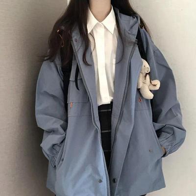 Women Solid Oversize Jacket Harajuku Korean Casual Loose Hooded Coats Spring Autumn Zip Preppy School Girls Vintage Streetwear