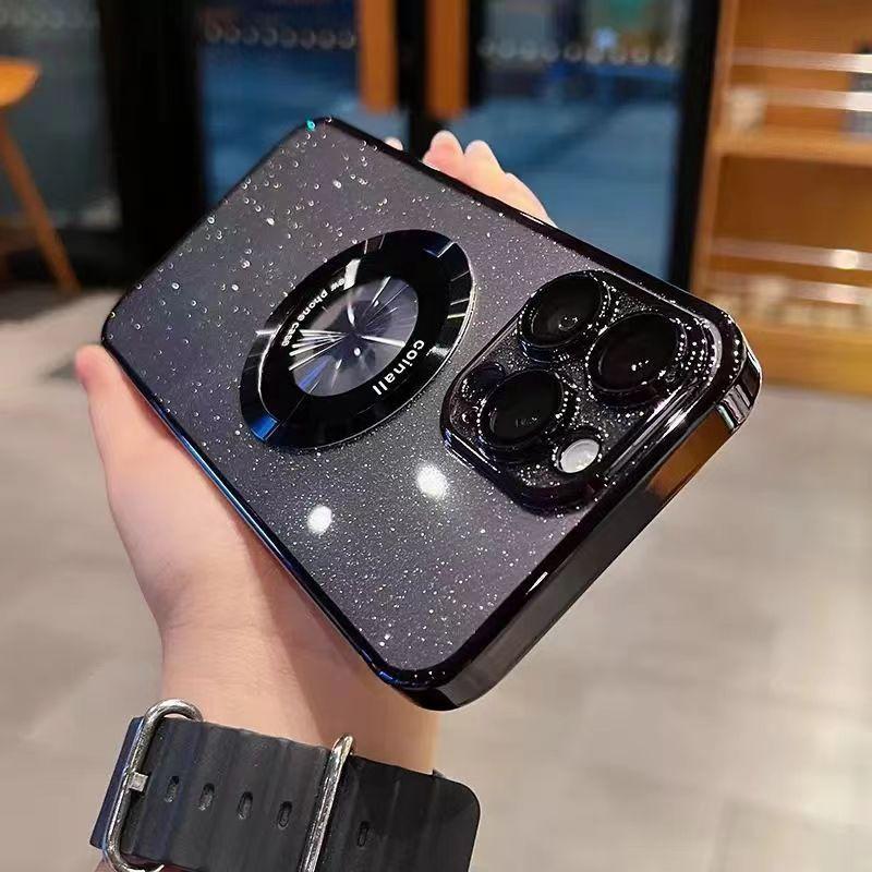 Metal Magnetic Bracket IPhone 16 Mobile Phone Case Suitable for Apple 15Pro Electroplated PC Flash Powder Protective Case Transparent