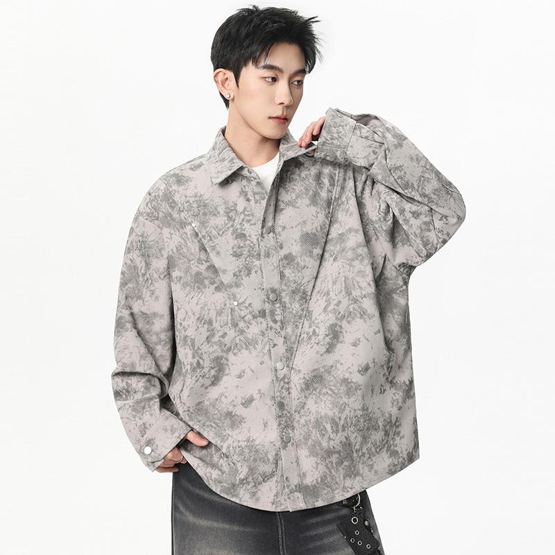 Camicia Oversize Uomo Tie Dye Grigia, Top Casual a Maniche Lunghe con Bottoni Streetwear per Uso Quotidiano