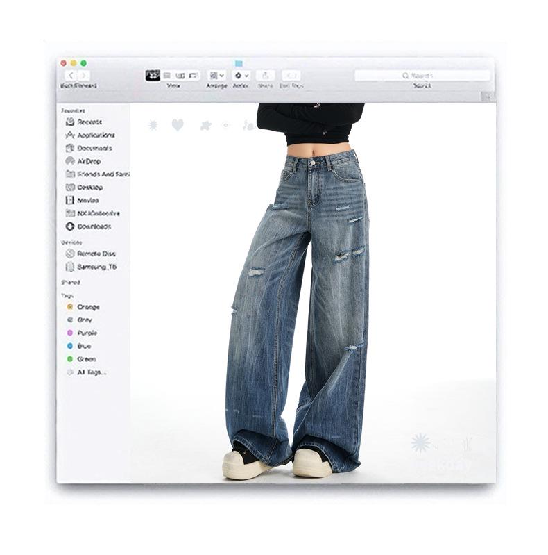 American Retro Wide-Leg Ripped Jeans - Women’s Fashionable Slimming Spring/Autumn Style