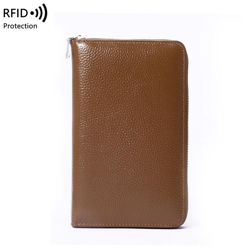 RFID Long Wallet: Top Grain Cowhide Passport & Document Holder with Zipper Phone Pouch for Men & Women
