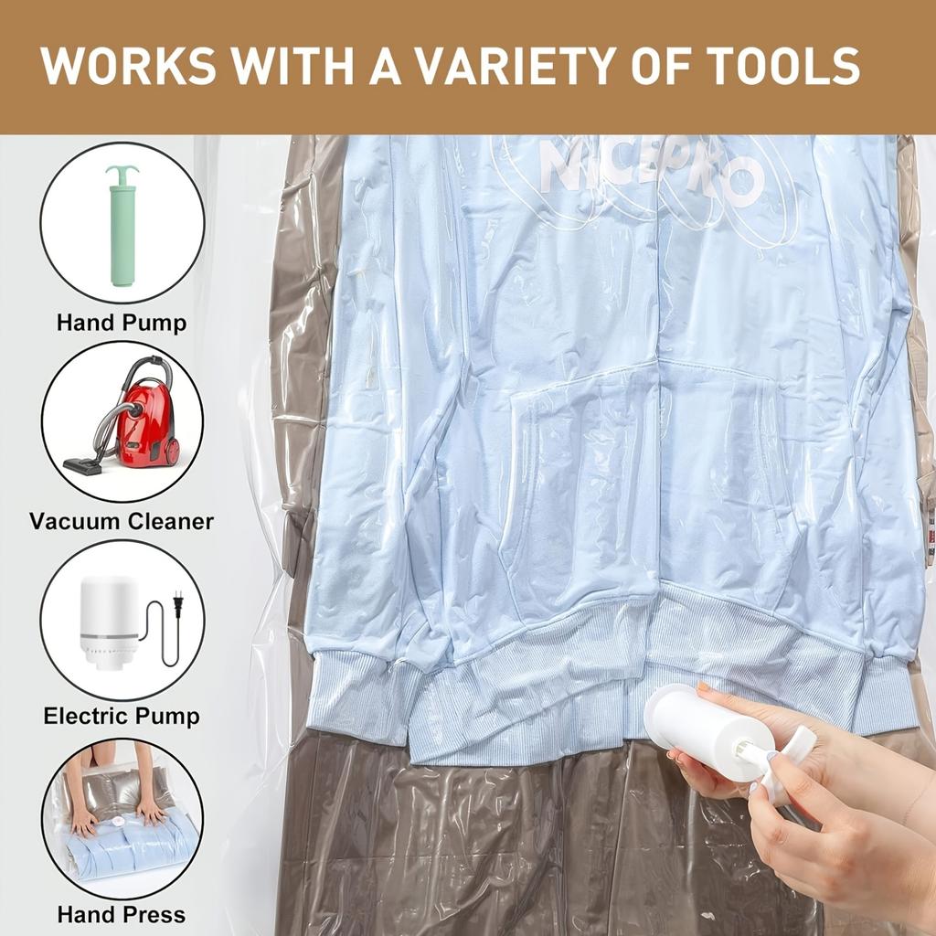 8pcs Heavy-Duty Vacuum Storage Bags with Zipper Closure Space-Saving Hanging Organizer Bags for Clothes, Suits, Jackets, Travel