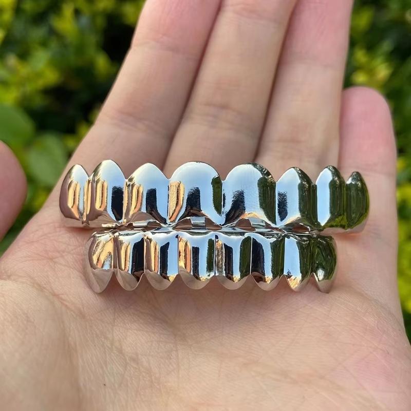 1/2 Pcs Glossy Finish Eco Friendly Copper Top Bottom Teeth Grillz Set Anti Slip Silver Gold Teeth Jewelry Cosplay