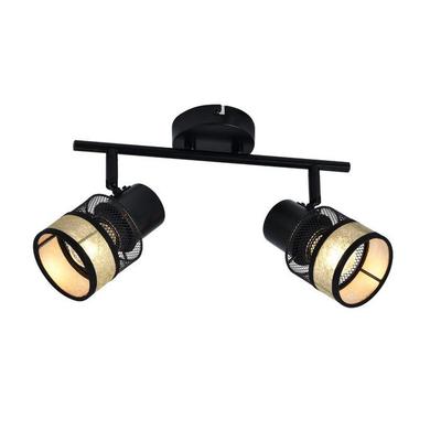 Ceiling Light - NETTLIFE - 2-bulb Ceiling Light - Black - Metal - Gold Fabric Lampshade E27